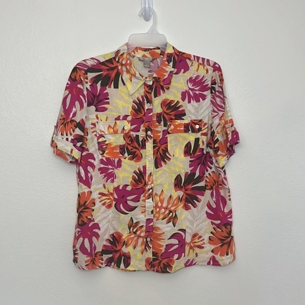 White Stag Woman’s Linen Blend Colorful Tropical Leafs sz XL(16/18) camp shirt